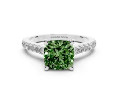 Fancy Green Cushion Cut Diamond Solitaire Ring Set in Platinum with Brilliant Pavé Band and Prong Setting
