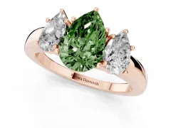 Fancy Green Pear Cut Diamond Three-Stone Ring Set in Rose gold with Bold Center and Classic Band