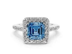 Fancy Blue Asscher Cut Diamond Halo Engagement Ring Set in White gold with Round Pavé Shoulders and Heart Gallery