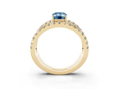 Fancy Blue Emerald Cut Diamond Split Shank Pavé Solitaire Ring Set in Yellow gold with Open Shank Design