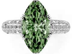 Fancy Green Marquise Cut Diamond Solitaire Ring Set in Silver with Multi-Row Round Pavé Band and Prong Setting