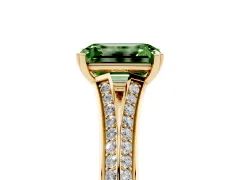 Fancy Green Emerald Cut Diamond Split Shank Pavé Engagement Ring Set in Yellow gold with Prong-Set Center Stone