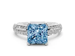 Fancy Blue Princess Cut Diamond Solitaire Ring Set in Silver with Multi-Row Round Pavé Band and Prong Setting