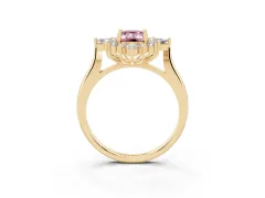 Fancy Pink Emerald Cut Diamond Cluster Halo Ring Set in Yellow gold with Marquise and Round Accents