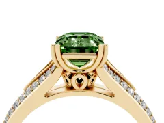 Fancy Green Emerald Cut Diamond Split Shank Pavé Engagement Ring Set in Yellow gold with Prong-Set Center Stone