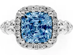 Fancy Blue Cushion Cut Diamond Halo Ring Set in Silver with Filigree Leaf Band and Prong Setting