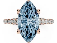 Fancy Blue Marquise Cut Diamond Solitaire Ring Set in Rose gold with Brilliant Pavé Band and Prong Setting