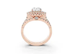 Oval Cut Diamond Double Halo Ring Set in Rose gold with Round Pavé Split Shank