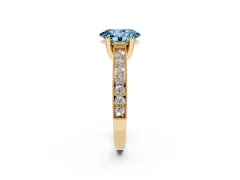 Fancy Blue Oval Cut Diamond Solitaire Ring Set in Yellow gold with Milgrain-Edged Pavé Band and Prong Setting