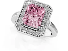 Fancy Pink Radiant Cut Diamond Halo Ring Set in White gold with Accent-Lined Split Shank and Prong Setting