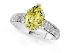 Fancy Yellow Pear Cut Diamond Solitaire Ring Set in White gold with Multi-Row Round Pavé Band and Prong Setting