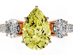 Fancy Yellow Pear Cut Diamond Three-Stone Ring Set in Rose gold with Round Side Stones and Delicate Pavé Band