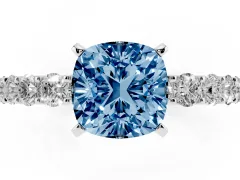 Fancy Blue Cushion Cut Diamond Solitaire Ring Set in Silver with Shared Prong Pavé Band