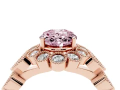 Fancy Pink Oval Cut Diamond Solitaire Ring Set in Rose gold with Milgrain Pavé Heart Band