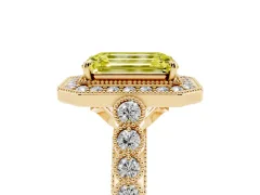 Fancy Yellow Emerald Cut Diamond Milgrain Halo Solitaire Ring Set in Yellow gold with Bezel Set Side Stones and Pavé Band