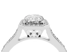 Radiant Cut Diamond Halo Engagement Ring Set in White gold with Round Pavé Shoulders and Heart Gallery