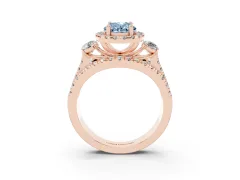 Fancy Blue Oval Cut Diamond Halo Split Shank Ring Set in Rose gold with Round Accent Stones and Prong Setting