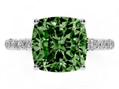 Fancy Green Cushion Cut Diamond Solitaire Engagement Ring Set in White gold with Round Pavé Band and Prong Setting