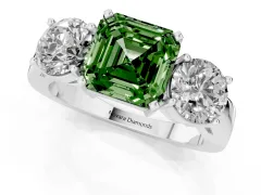 Fancy Green Asscher Cut Diamond Three-Stone Ring Set in White gold with Round Side Stones and Classic Band