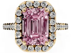 Fancy Pink Emerald Cut Diamond Cushion Halo Ring Set in Yellow gold with Pavé Band