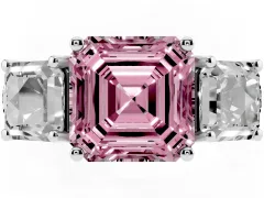 Fancy Pink Asscher Cut Diamond Three-Stone Ring Set in White gold with Pavé Band