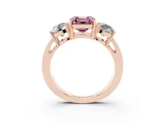 Fancy Pink Asscher Cut Diamond Three-Stone Ring Set in Rose gold with Round Side Stones and Classic Band