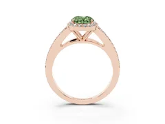 Fancy Green Oval Cut Diamond Halo Split Shank Pavé Ring Set in Rose gold with Prong Setting