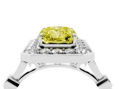 Fancy Yellow Radiant Cut Diamond Halo Engagement Ring Set in Platinum with Twisted Band and Prong Setting