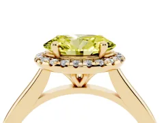 Fancy Yellow Oval Cut Diamond Halo Engagement Ring Set in Yellow gold with Pavé Band and Rising Shoulders