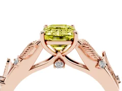 Fancy Yellow Emerald Cut Diamond Solitaire Ring Set in Rose gold with Leaf Motif Band