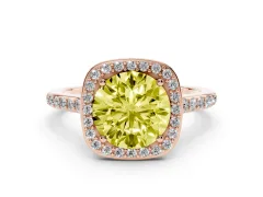 Fancy Yellow Round Cut Diamond Halo Engagement Ring Set in Rose gold with Round Pavé Shoulders and Heart Gallery