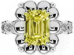 Fancy Yellow Emerald Cut Diamond Floral Halo Ring Set in Silver with Shared Prong Band