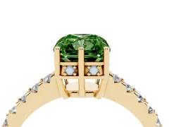 Fancy Green Radiant Cut Diamond Solitaire Engagement Ring Set in Yellow gold with Pavé Band and Prong Setting