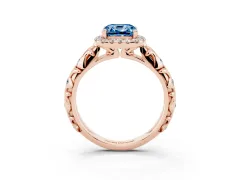 Fancy Blue Cushion Cut Diamond Halo Ring Set in Rose gold with Filigree Leaf Band and Prong Setting