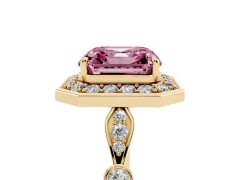 Fancy Pink Asscher Cut Diamond Halo Engagement Ring Set in Yellow gold with Twisted Band and Prong Setting