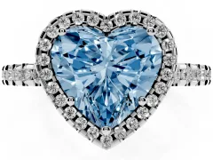 Fancy Blue Heart Cut Diamond Halo Ring Set in White gold with Pavé Shoulders and Halo-Framed Center