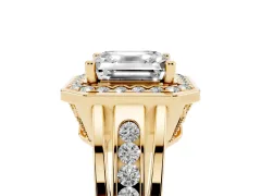 Asscher Cut Diamond Halo Ring Set in Yellow gold with Pavé and Bezel Accent Split Shank