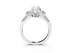 Pear Cut Diamond Three-Stone Ring Set in Silver with Pavé Band and Smaller Side Stones