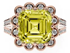 Fancy Yellow Asscher Cut Diamond Floral Halo Split Shank Engagement Ring Set in Rose gold with Pavé Shank