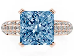 Fancy Blue Princess Cut Diamond Solitaire Ring Set in Rose gold with Multi-Row Round Pavé Band and Prong Setting