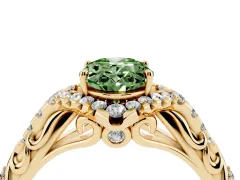 Fancy Green Oval Cut Diamond Solitaire Ring Set in Yellow gold with Hidden Halo and Pavé Band