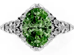 Fancy Green Oval Cut Diamond Solitaire Ring Set in Platinum with Hidden Halo and Pavé Band
