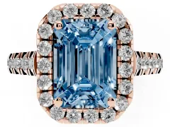 Fancy Blue Emerald Cut Diamond Halo Engagement Ring Set in Rose gold with Pavé Band and Prong-Set Center