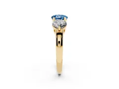 Fancy Blue Round Cut Diamond Three-Stone Ring Set in Yellow gold with Prong Setting and Plain Band