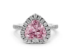 Fancy Pink Heart Cut Diamond Pavé Halo Engagement Ring Set in White gold with Pavé Band and Prong Setting