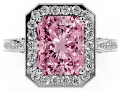 Fancy Pink Radiant Cut Diamond Halo Engagement Ring Set in White gold with Accent Split Shank Band