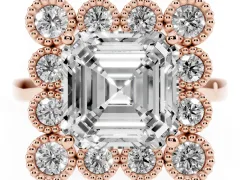 Asscher Cut Diamond Cluster Halo Ring Set in Rose gold with Milgrain Bezel Accents and Plain Band