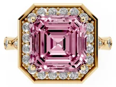 Fancy Pink Asscher Cut Diamond Halo Engagement Ring Set in Yellow gold with Twisted Band and Prong Setting