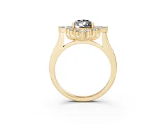 Fancy Black Pear Cut Diamond Cluster Halo Ring Set in Yellow gold with Marquise and Round Accents