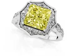 Fancy Yellow Princess Cut Diamond Halo Engagement Ring Set in Platinum with Milgrain Band and Prong Setting